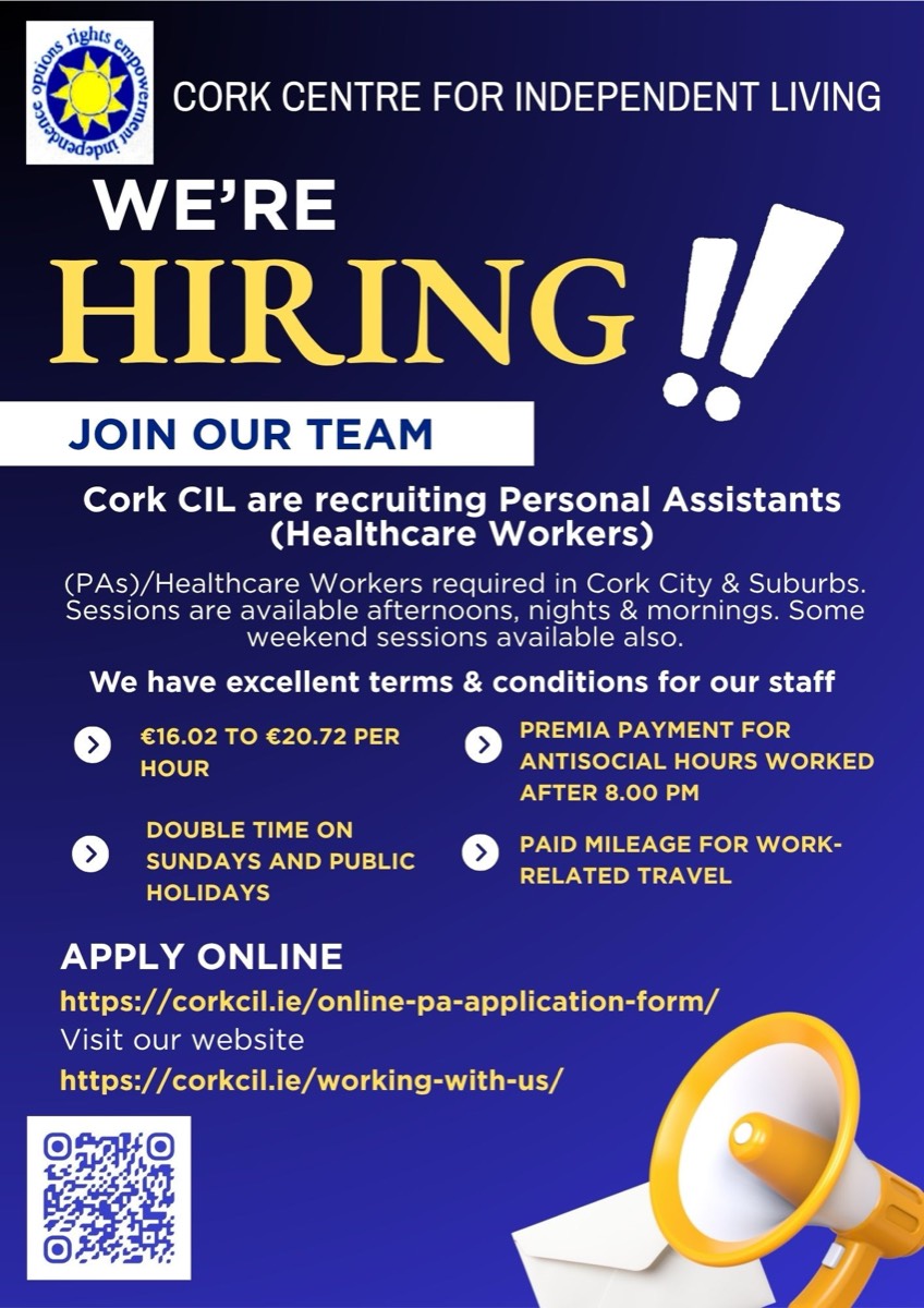 Cork CIL recruitment poster for Personal Assistant and Healthcare Worker roles